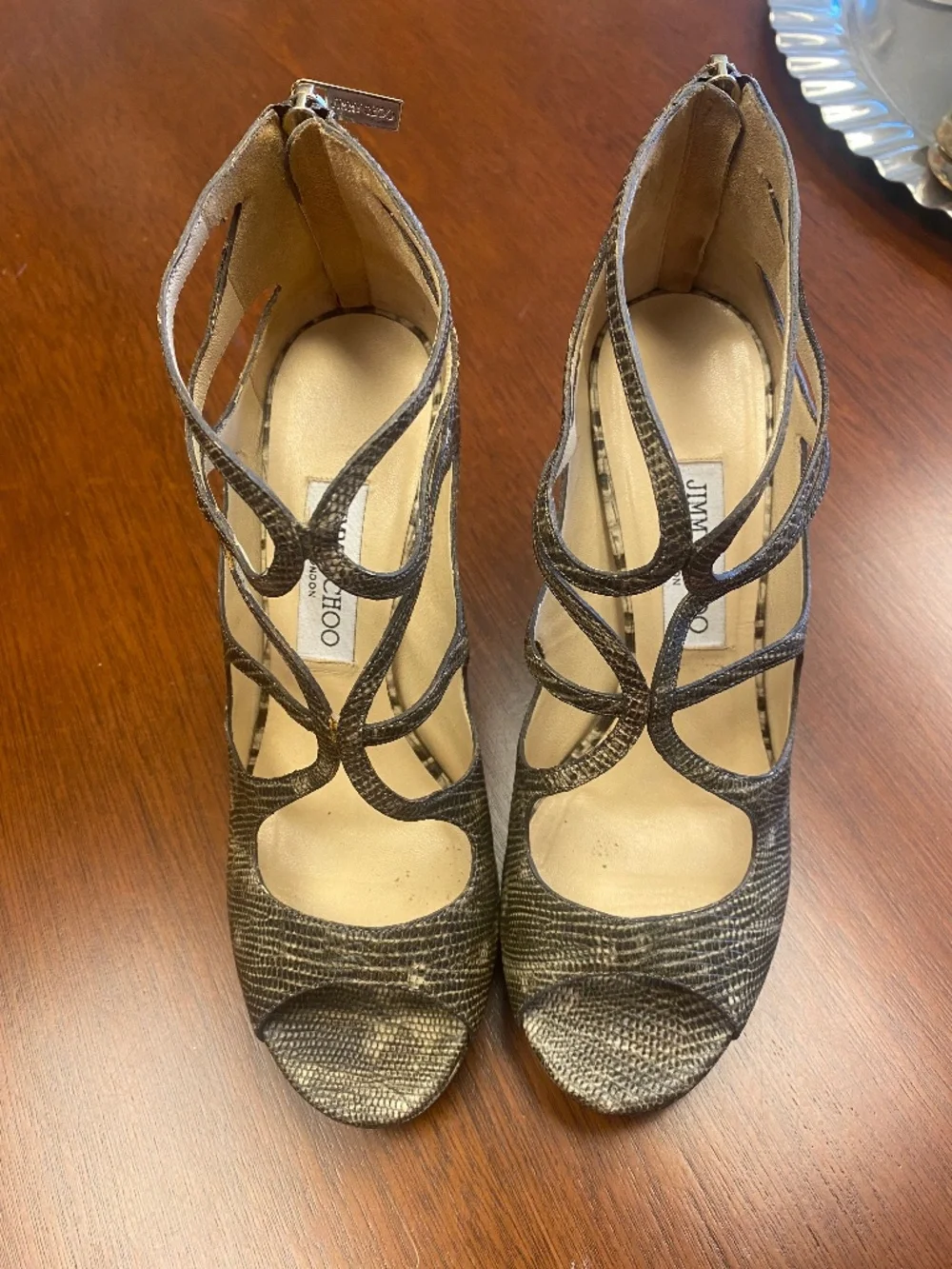 Jimmy Choo Leda Metallic Bronze Lizard Embossed Cage Sandals – Size 38 – Made in